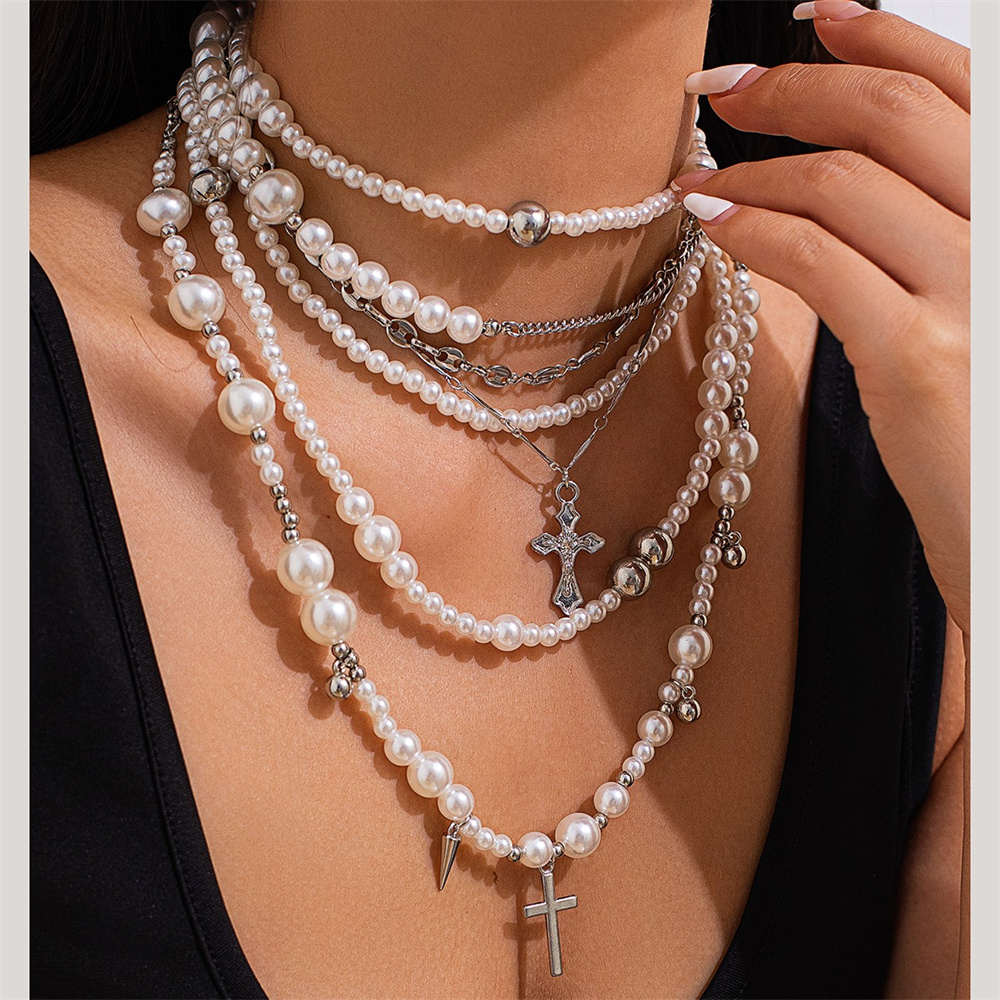 Layered Pendant Necklace Aesthetic - Mehr schicht ige Imitation Perlen Perlenkette