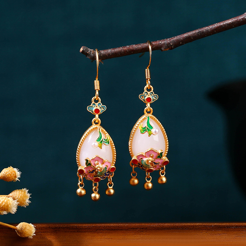 Earrings - Natürliche Jade-Blumen-Ohrringe, Charm-Amulett, Designer-Echtschmuck, Vintage-Accessoires, 18K